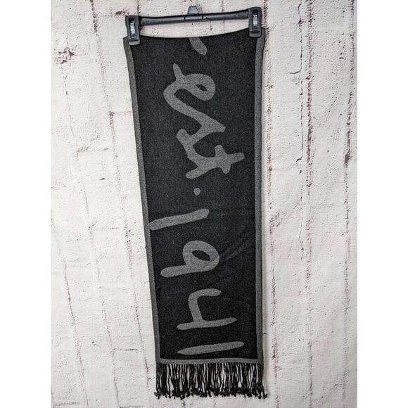 Coach Gray Black 100% Merino Wool Scarf w Fringe - Picture 9 of 11